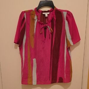 Nine West Fushia, Multicolor Striped, Short Sleeve Blouse.